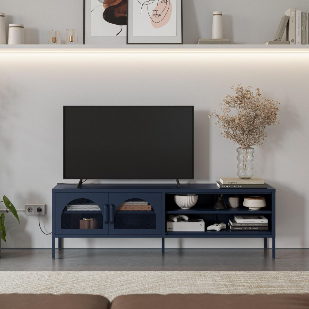 TV-MÖBEL mit 2 Metalltüren, L160cm - Zio - Mitternachtsblau - Dunkelblau, Metall (160/50/35cm) - Drawer