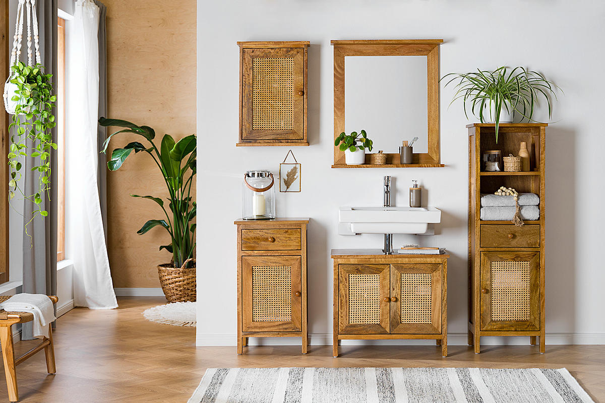 WASCHBECKENUNTERSCHRANK - Mango massiv / Wiener Geflecht - Braun, Holz/Naturmaterialen (70/60/40cm) - home24