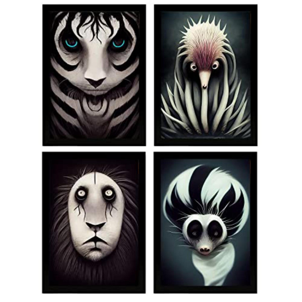 POSTER Set mit 4 Schwarz und weiß Tier im T Burton Goth Stil A4 Rahmenlos - Klar, Papier (29.7/3cm) - Nacnic