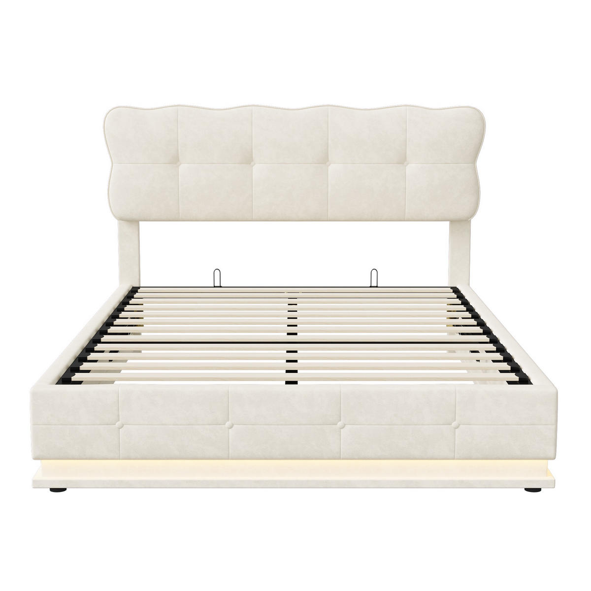 POLSTERBETT 140/200cm, mit LED, hydraulischem Stauraum, Lattenrost, gepolstertem Bett aus Samt, Beige - Beige, Holzwerkstoff (140/200cm) - Brevoria