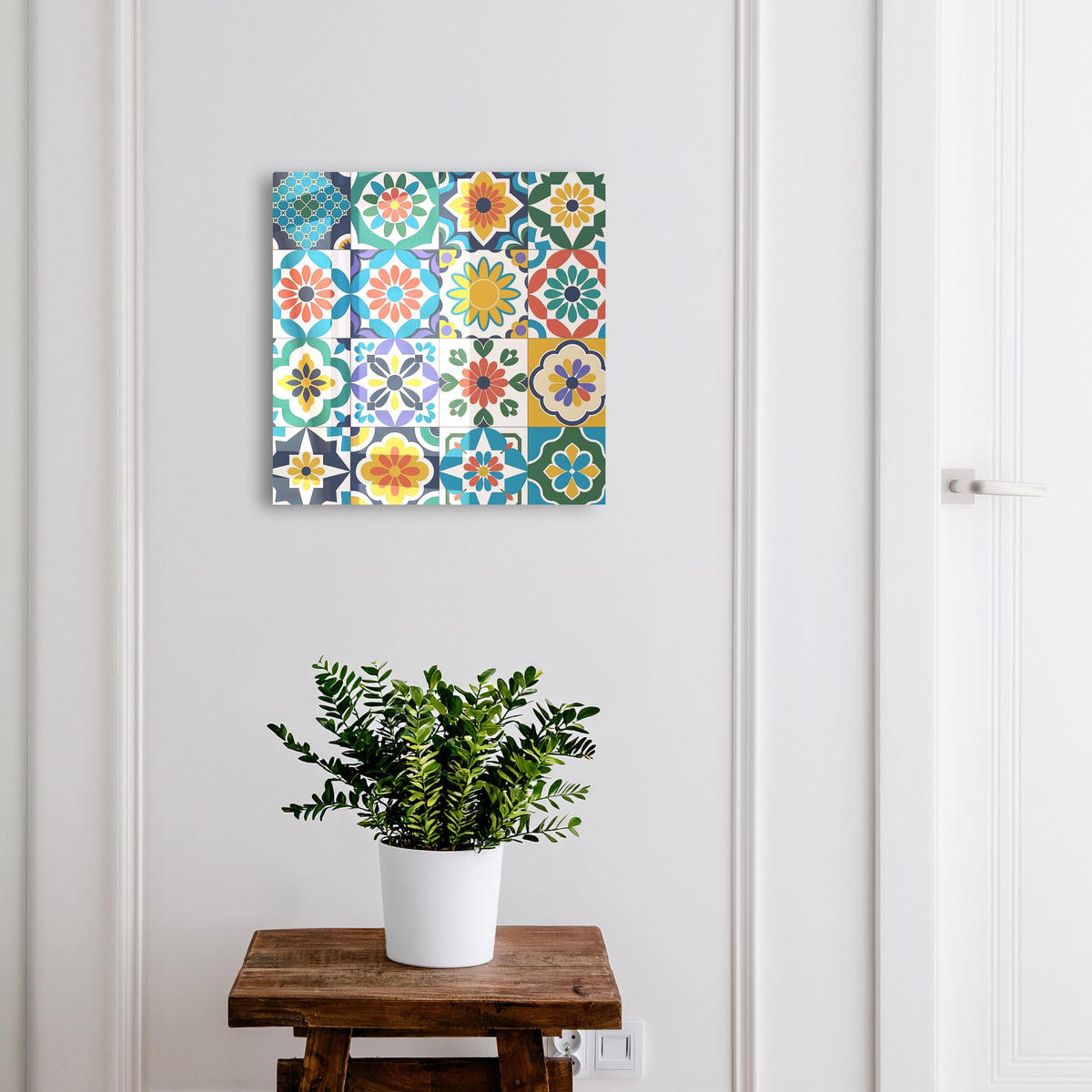 SCHLÜSSELBOX Weiß 30x30 cm – Türöffnung nach rechts - Blumenmuster - Blau, Metall (30/30/5cm) - TULUP