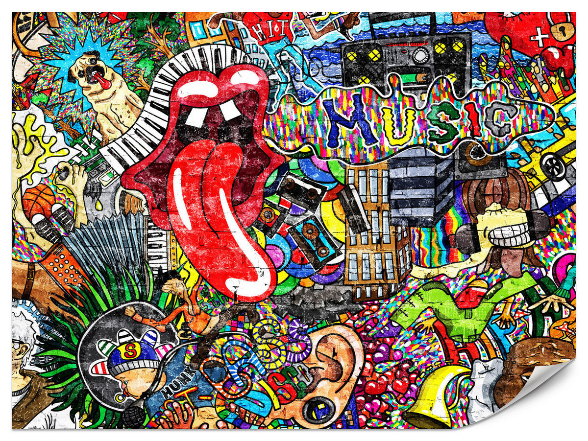 FOTOTAPETE für Jugendzimmer GRAFFITI Musik Abstrakt Farben 250x175 - Blau/Gelb, Papier (250/175cm) - Muralo