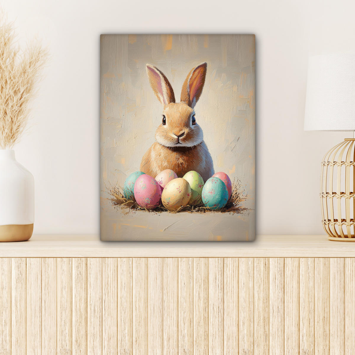 LEINWANDBILD Osterhase - Pastell - Eier Room Decor 30x40 cm - Beige, Textil (30/40cm) - MuchoWow