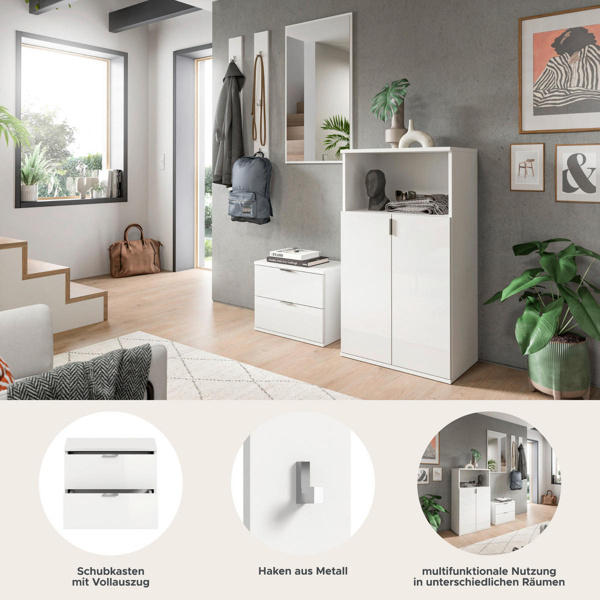 GARDEROBE Set 5-teilig weiß Hochglanz 184 cm, Flurgarderobe mit viel Stauraum - Chromfarben/Weiß Hochglanz, Glas/Holzwerkstoff (184/193/37cm) - Inn.Furn