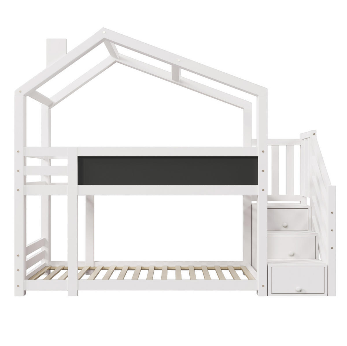 POSCHODOVÁ posteľ 90/200 cm biela s tabuľou a úložnými schodmi z masívneho dreva a MDF - biela, kompozitné drevo (90/200cm) - OKWISH