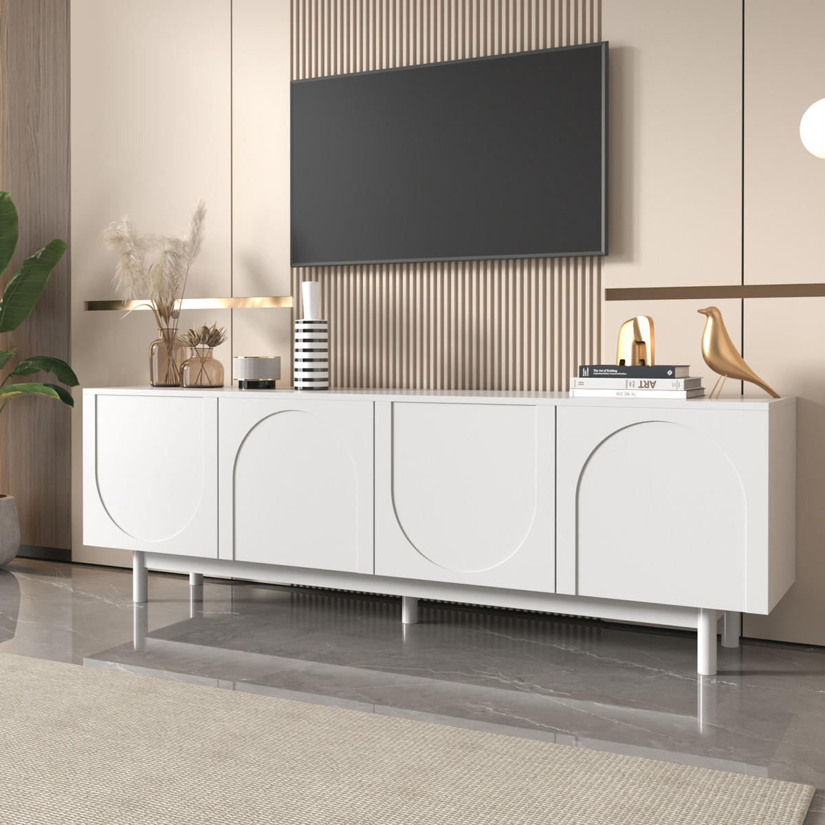 TV Lowboard 175x38x56 cm, verstellbare Böden, Weiß - Weiß, Holz (175/56/38cm)
