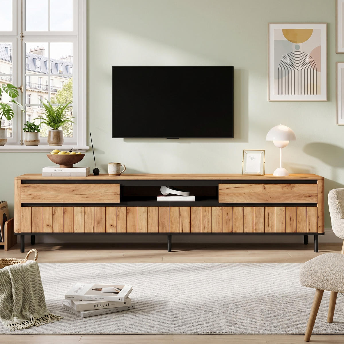 TV STOLEK s 2 zásuvkami a 2 výklopnými dvířky, přírodní, 180 cm - přírodní/černá, kompozitní dřevo (180/52/40cm) - Urban Meuble