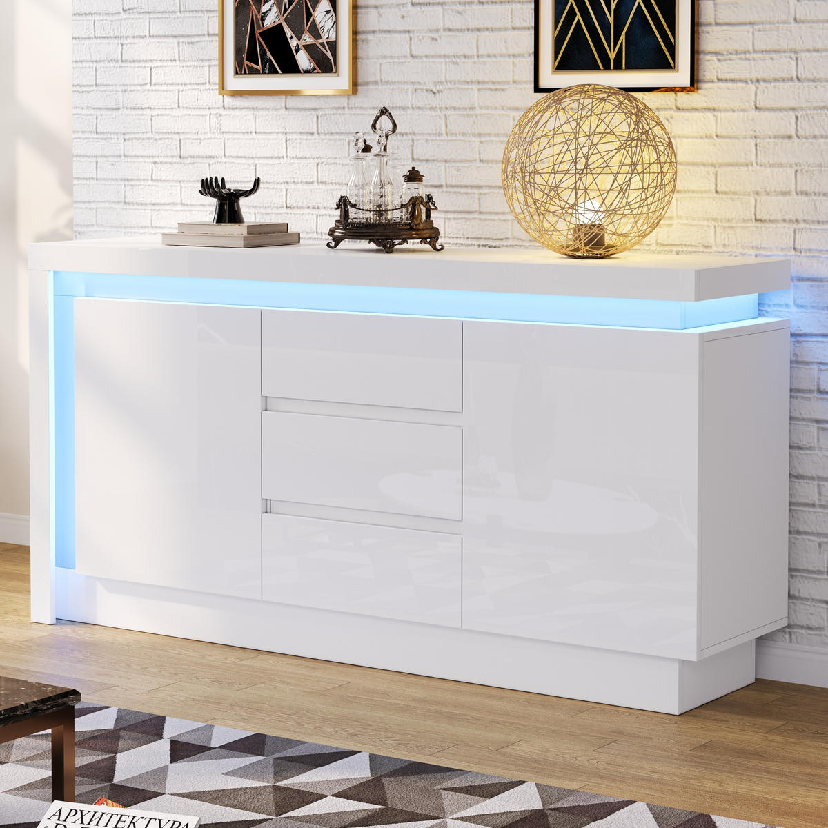 SIDEBOARD LED Weiß 2 Türen 3 Schubladen 140x35x72cm Hochglanz - Weiß, Holzwerkstoff (35/72/140cm) - FLIEKS