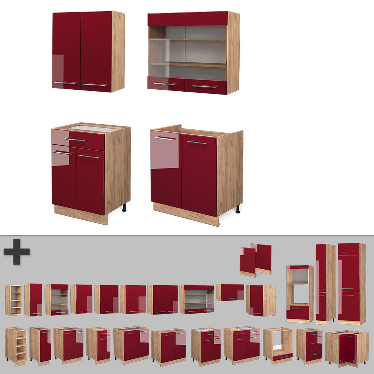 SINGLEKÜCHE Fame-Line Bordeaux Hochglanz/Goldkraft Eiche 140 cm ohne AP - Bordeaux/Eiche Wotan, Holzwerkstoff (140/81.6/46cm) - Vicco