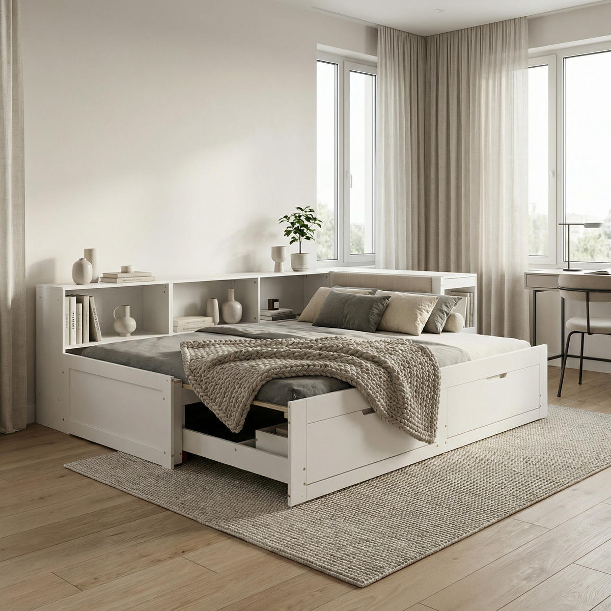 BETT ausziehbar 90x200 cm mit Schreibtisch und 2 Schubladen Weiß - Weiß, Holz (90/200cm) - Meubliv