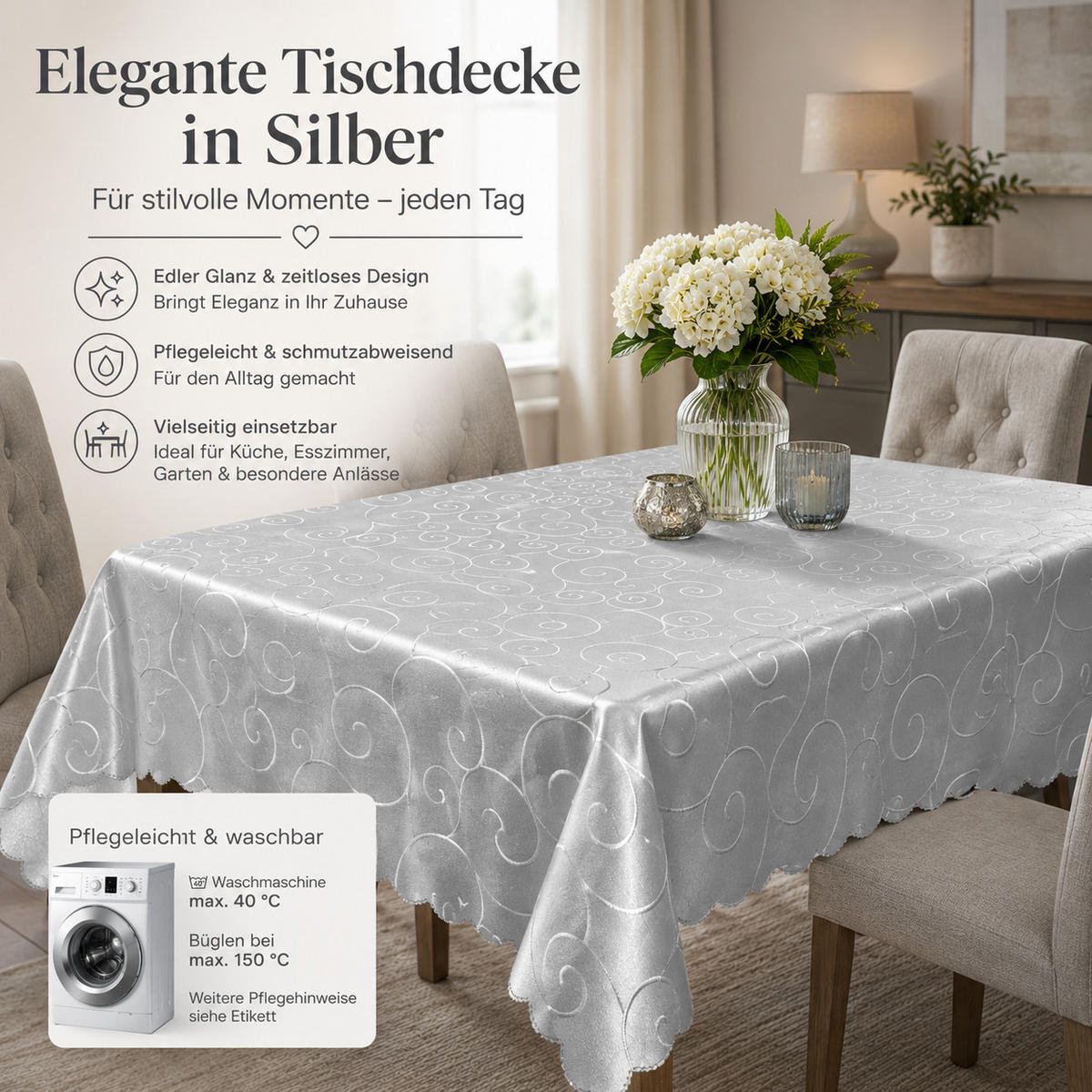 TISCHDECKE 160/220 cm Ornamente Silber - Silberfarben, Textil (160/220cm) - TiborTex