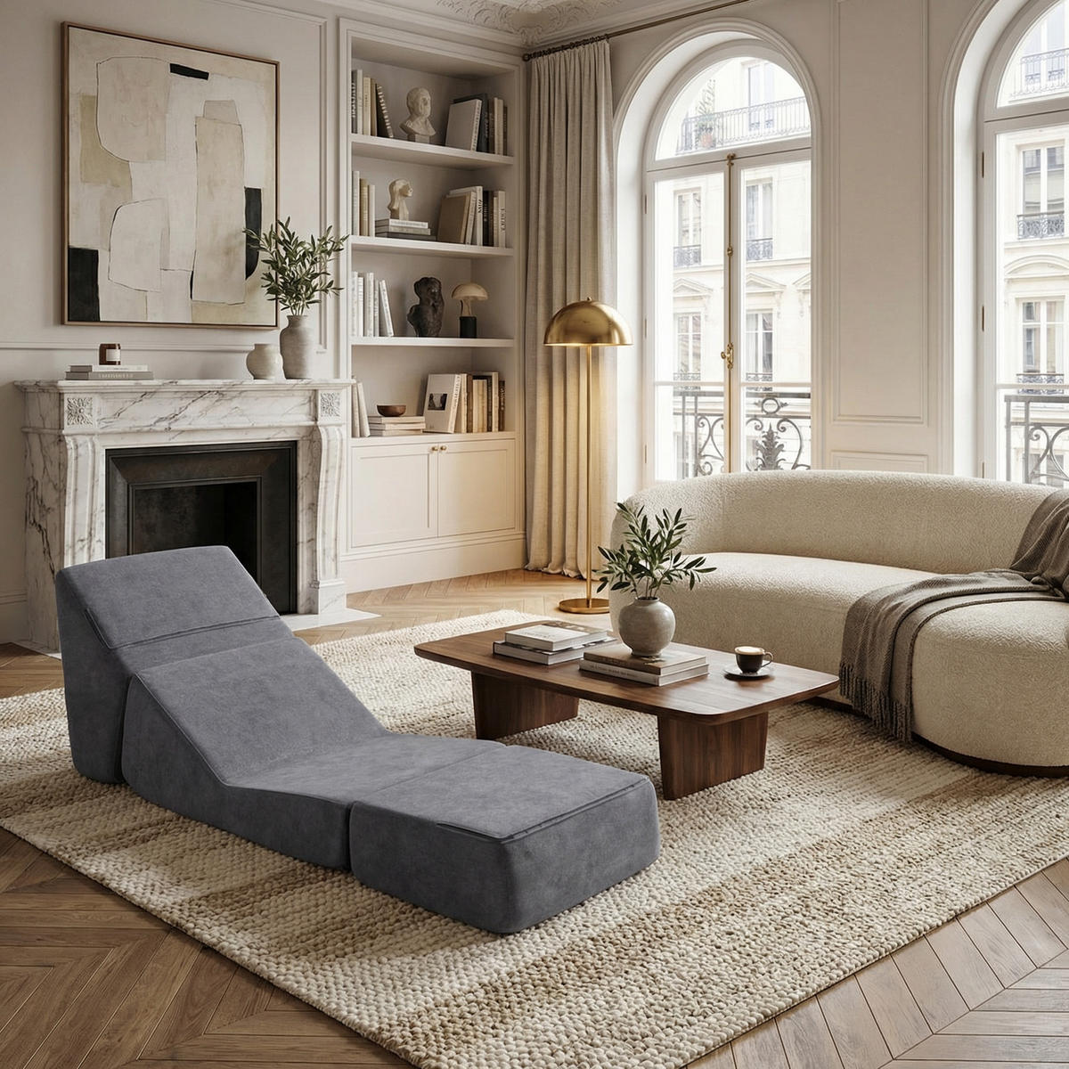 SCHLAFSESSEL 3-in-1 Umwandelbares Bodensofa & Gästebett aus Samtstoff - Grau, Textil (99/68/73cm) - Urban Meuble