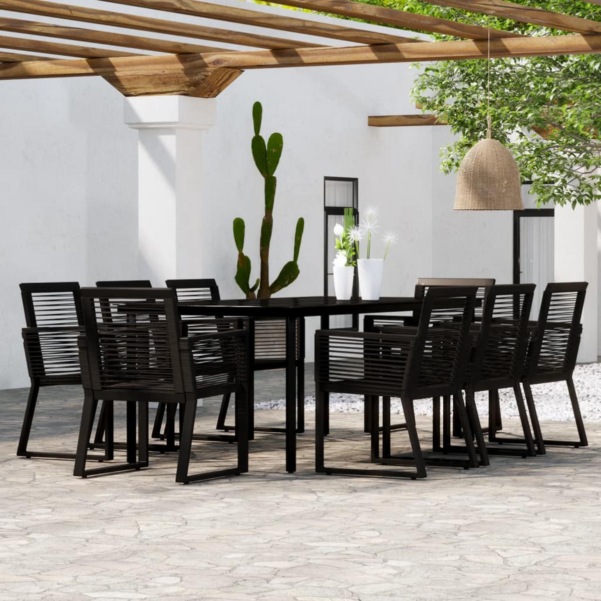 GARTENTISCHGRUPPE mit 200 cm Tisch, aus Stachl und PVC-Rattan, 9-teiliges Set - Schwarz, Metall - vidaXL