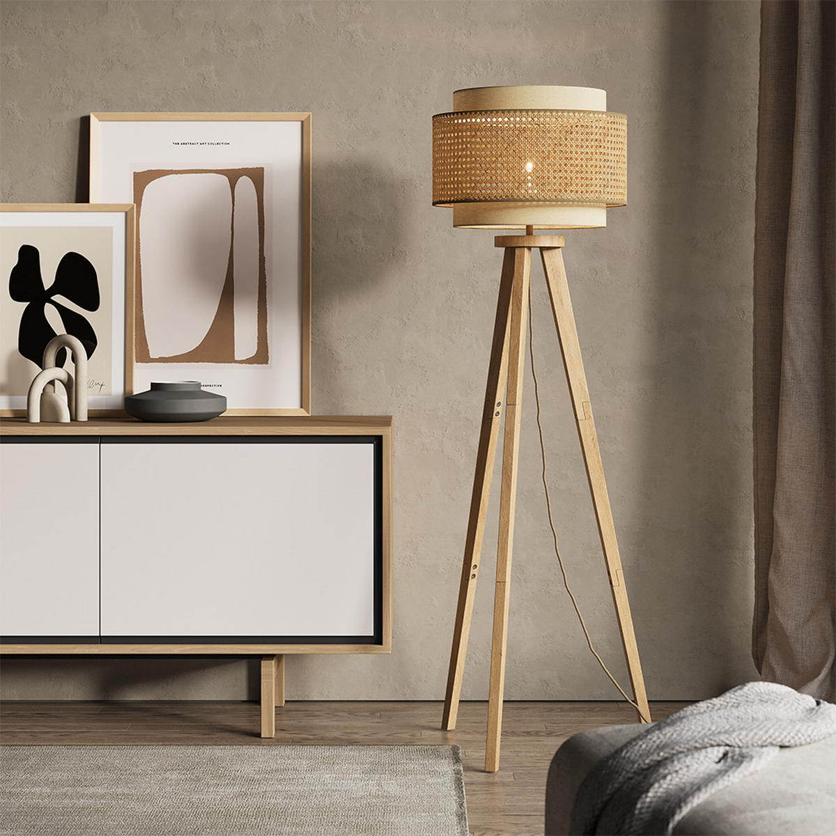 STOJACÍ LAMPA Morten Ratan/krém - krémová/hnědá, dřevo (45/45/142cm) - Vicco