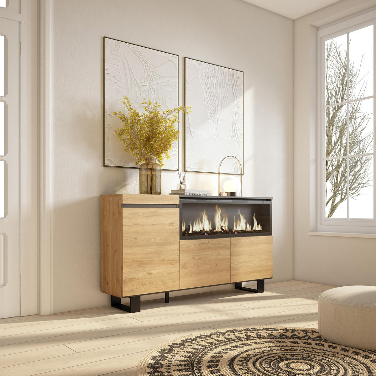 SIDEBOARD Highboard, Elektrokamin XXL, eiche, 158/35/87cm - Eichefarben/Schwarz, Holzwerkstoff (158/87/35cm) - Skraut Home