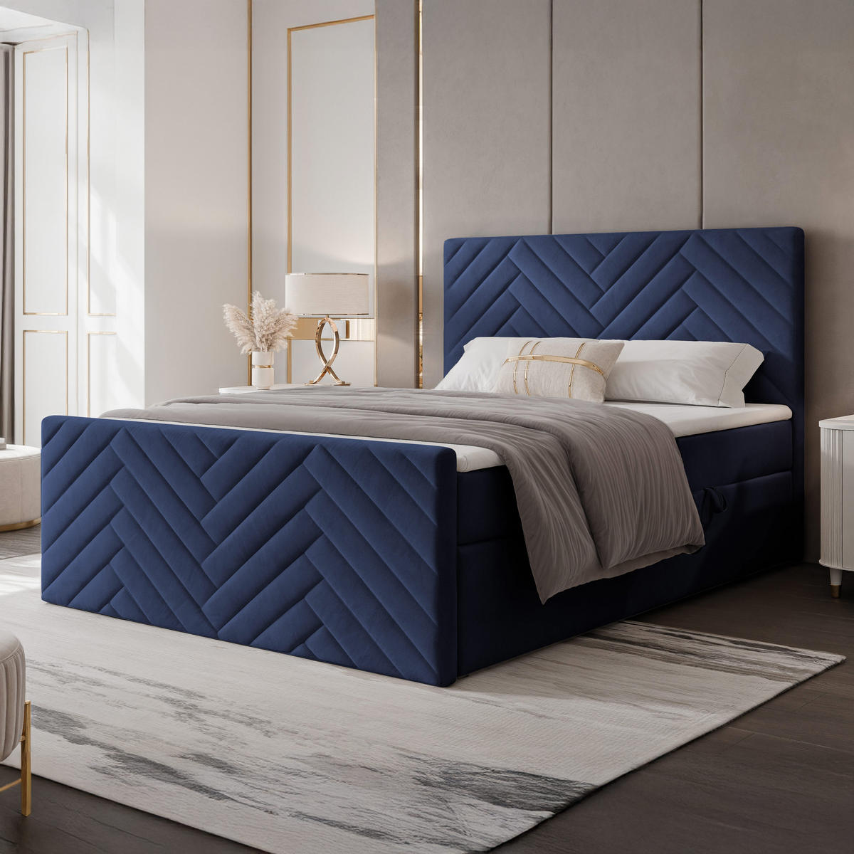 BOXBETT NEREA PLUS 160/200 cm mit Matratze und Topper, Marineblau - Dunkelblau, Holzwerkstoff/Textil (160/200cm) - Idohome