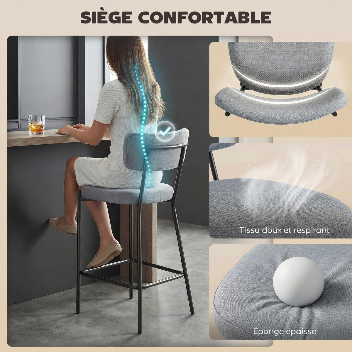 BARHOCKER 2er-Set DE-14821 gepolstert mit gebogener Rückenlehne Grau - Hellgrau, Metall (49/93/53cm) - ComfortXL