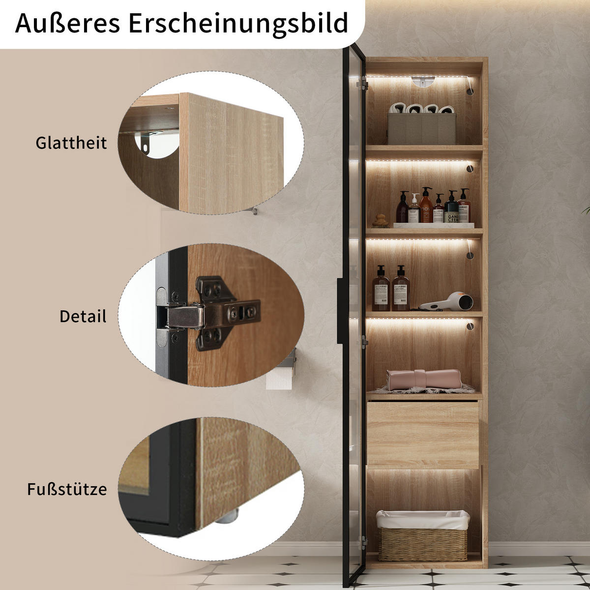 BADEZIMMERSCHRANK in Naturfarbe Highboard mit Lichtleiste und Schubladen für Badezimmer, B404/T34.5/H165 cm - Naturfarben, Glas/Holzwerkstoff (40/165/34.5cm) - STILVORA