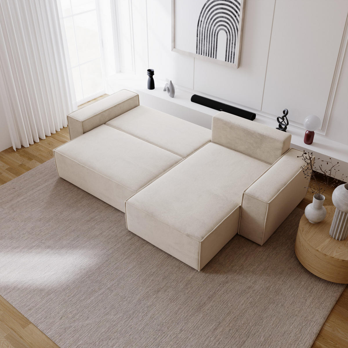 ECKSOFA mit Schlaffunktion Bergamo L 280 cm, Samt, Rechts - Vanille - Ecru, Holz (189/277cm) - Emporius