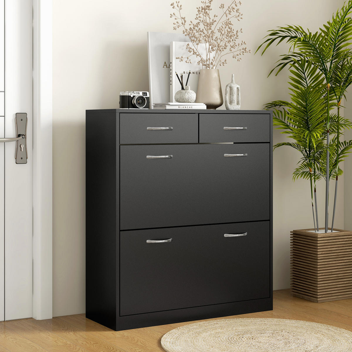 SCHUHSCHRANK Schwarz Holzwerkstoff mit Fächern und Schubladen 1 Stück - Schwarz, Holzwerkstoff (80/91.5/30cm) - PANGIVO