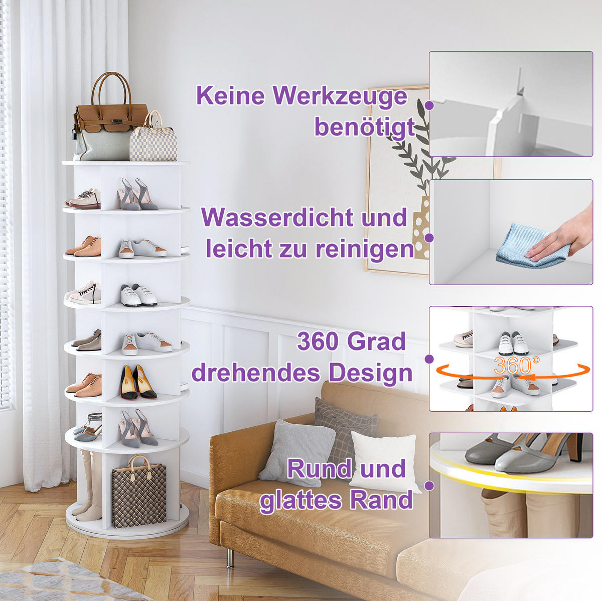 SCHUHREGAL 60/60/184 cm in Weiß, drehbar mit 7 Ebenen - Weiß, Holzwerkstoff (60/184/60cm) - Flora Grace