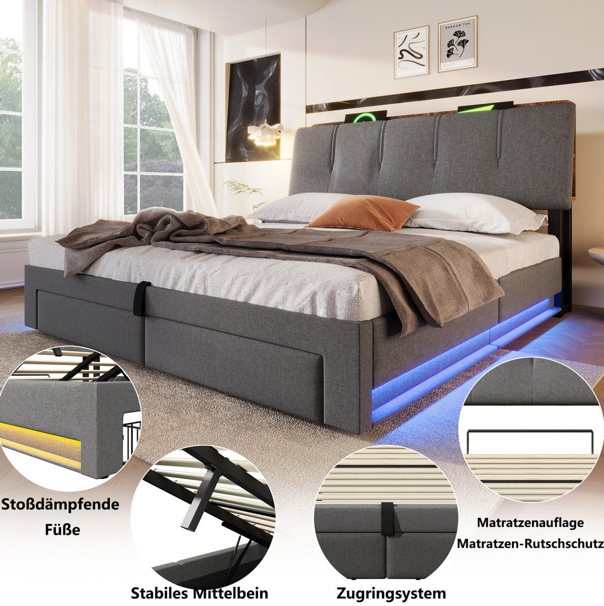 POLSTERBETT 140/200 cm mit LED, USB-C, Bettkasten und Schubladen, Leinen, Grau - Grau, Textil (140/200cm) - Redom