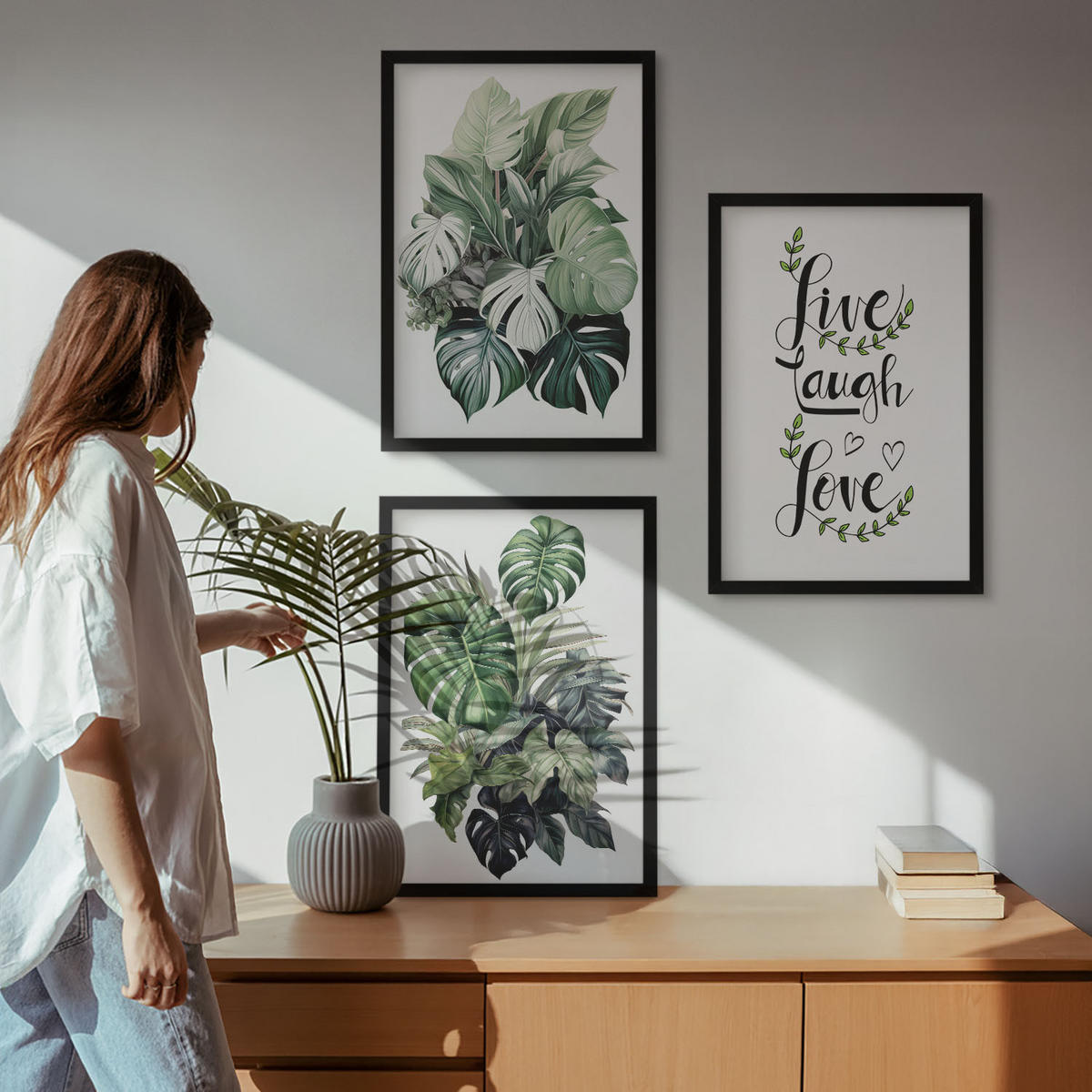 WANDBILDER 3er-Set - 40x60 cm Schwarzer Rahmen - Blattpflanzen leben, lachen, lieben - Schwarz, Kunststoff (40/60cm) - ArtPrintCave