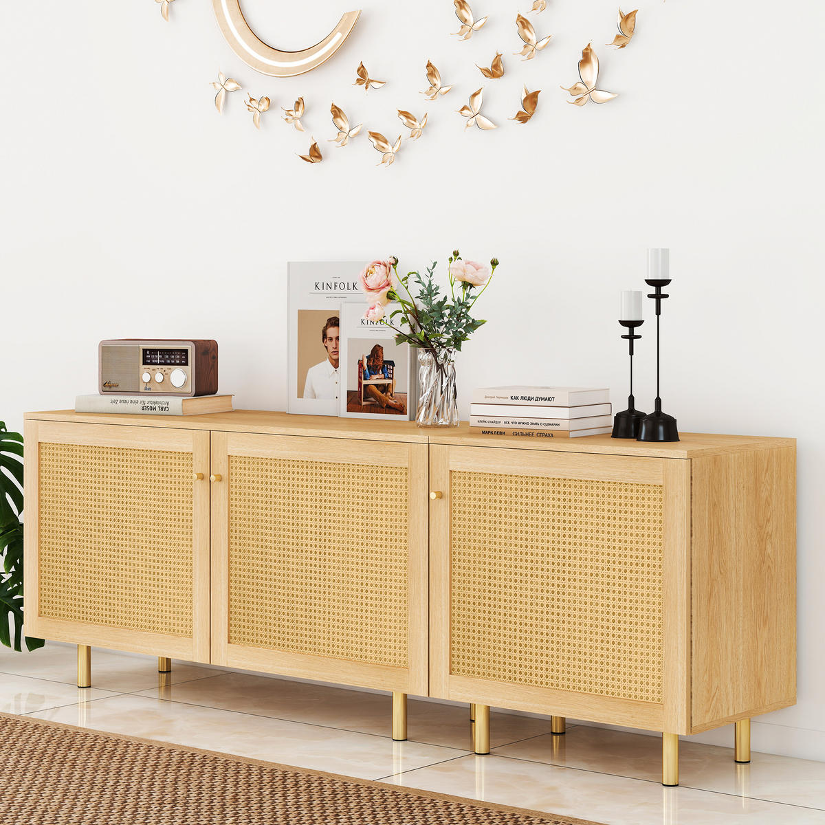 SIDEBOARD 180/40/63 cm mit 3 Türen in Naturholzoptik und goldfarbenen Griffen - Naturfarben, Holzwerkstoff (180/63/40cm) - BEAOK