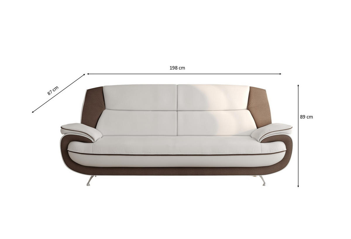 SOFA 3-Sitzer, Stoff Kronos, Weiß + Braun, Palermo - Weiß, Holz (198/89/87cm) - Kaiser Möbel