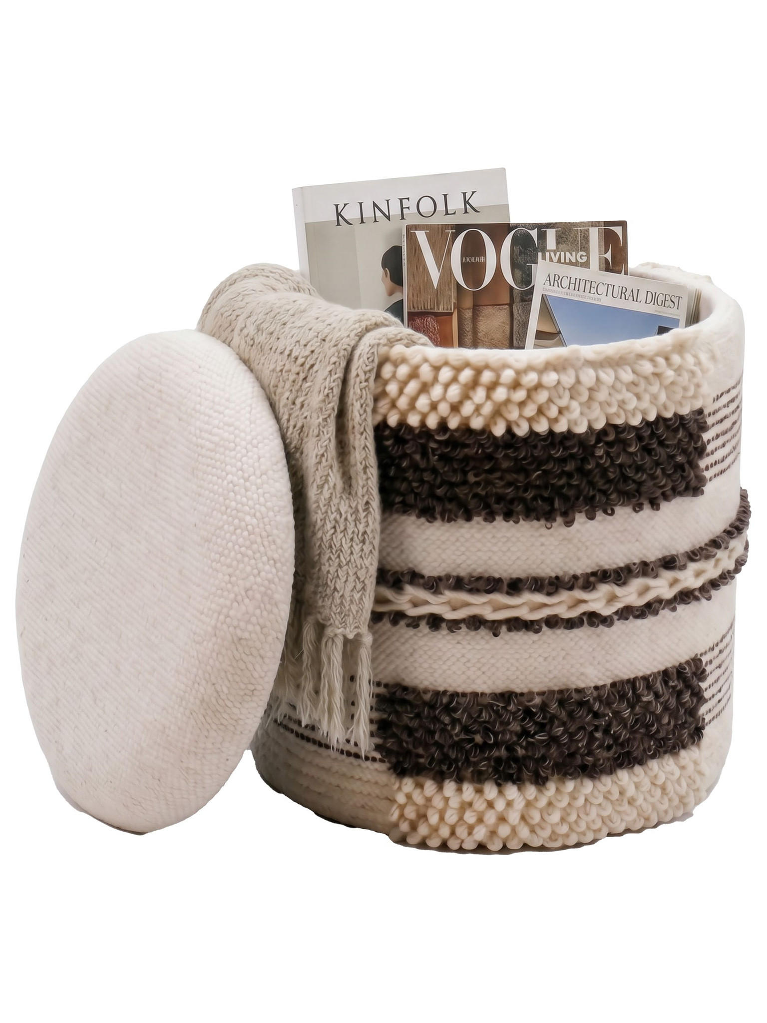 SITZHOCKER RHONE, Stoff, mit Textilbezug, mit Stauraum, Beige-Braun, Ø 40 x 45 cm - Beige/Creme, Textil (40/45/40cm) - KADIMA DESIGN