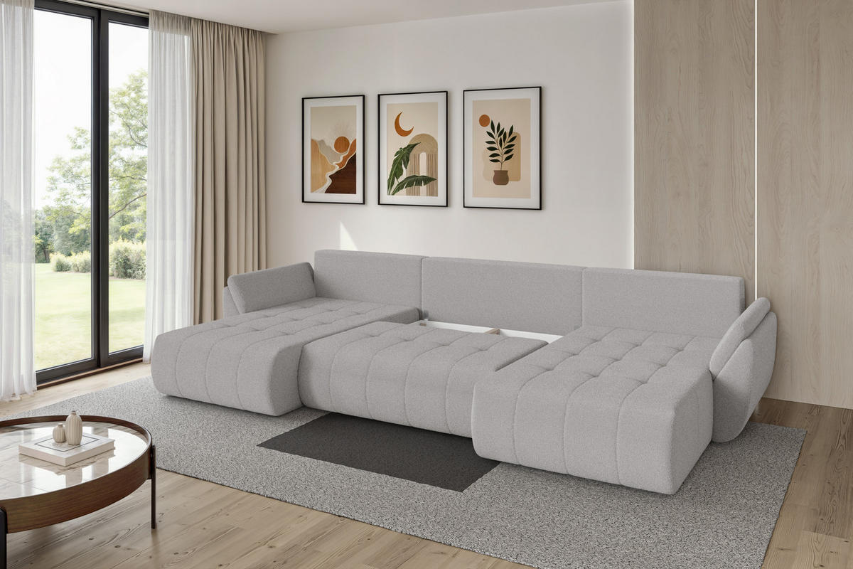 SEDACÍ SOUPRAVA DO U s funkcí spaní a úložným prostorem TOKO-U 378x194x86 světle šedá bouclé - černá/stříbrná, kompozitní dřevo/textil (378/86/194cm) - ALTDECOR
