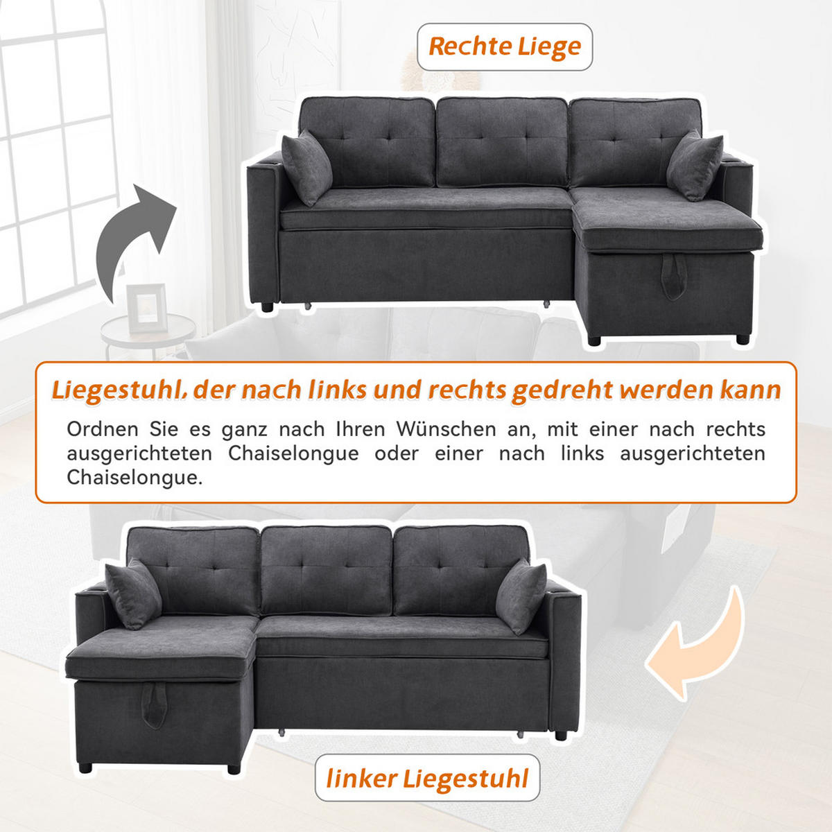 SOFA L-Form Schlaffunktion Stauraum Getränkehalter Austauschbar Modern - Grau, Holz (74/44/62cm) - FLIEKS