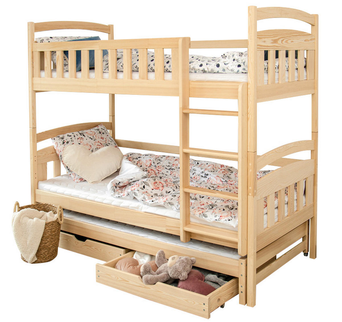 ETAGENBETT 90x200 cm mit Ausziehbett, zwei Schubladen & drei Matratzen in Natur - Naturfarben, Holz (90/200cm) - Kids Collective