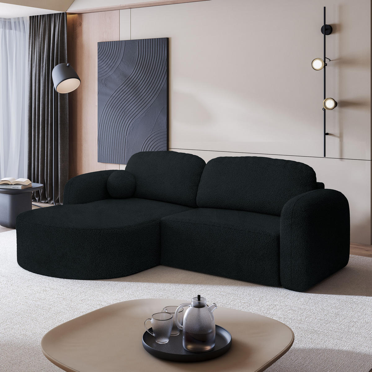 ECKSOFA AMILIA L-S Schwarz Boucle-Stoff mit Schlaffunktion - Schwarz, Holz (263/174cm) - MASSENO