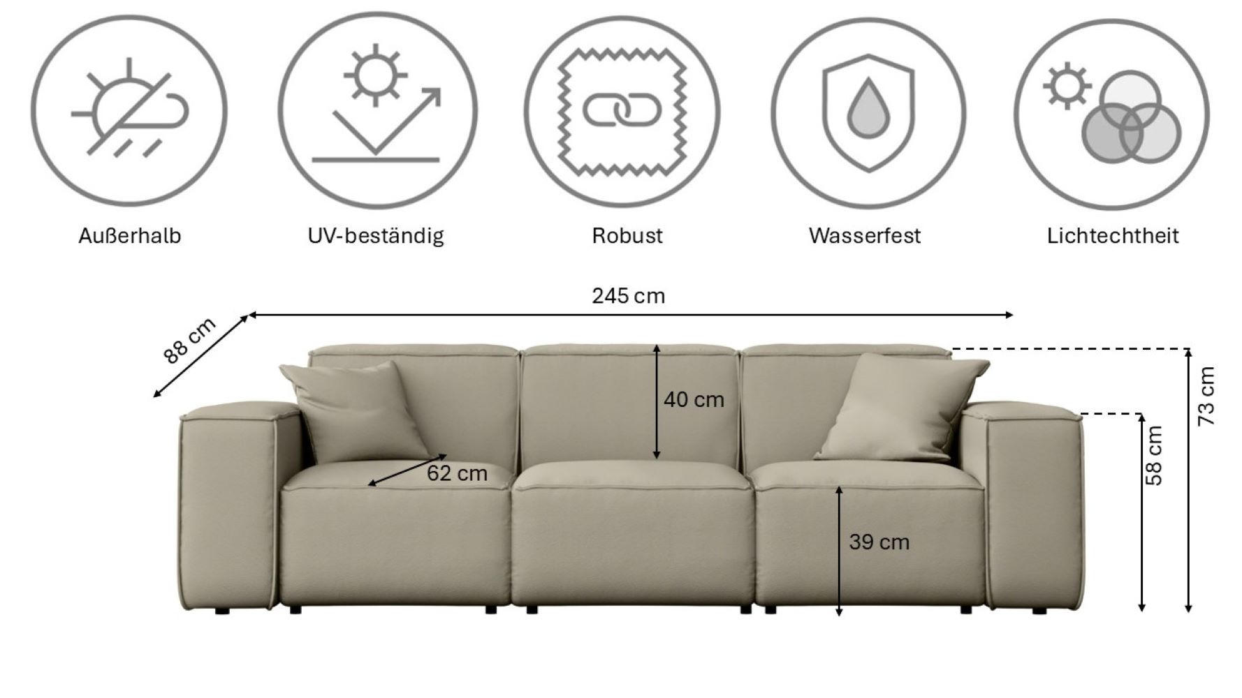 Thumbnail - Kaiser Möbel Gartensofa, Beige, Holz, 3-Sitzer, 245x73x88 cm, Loungemöbel, Outdoorsofas