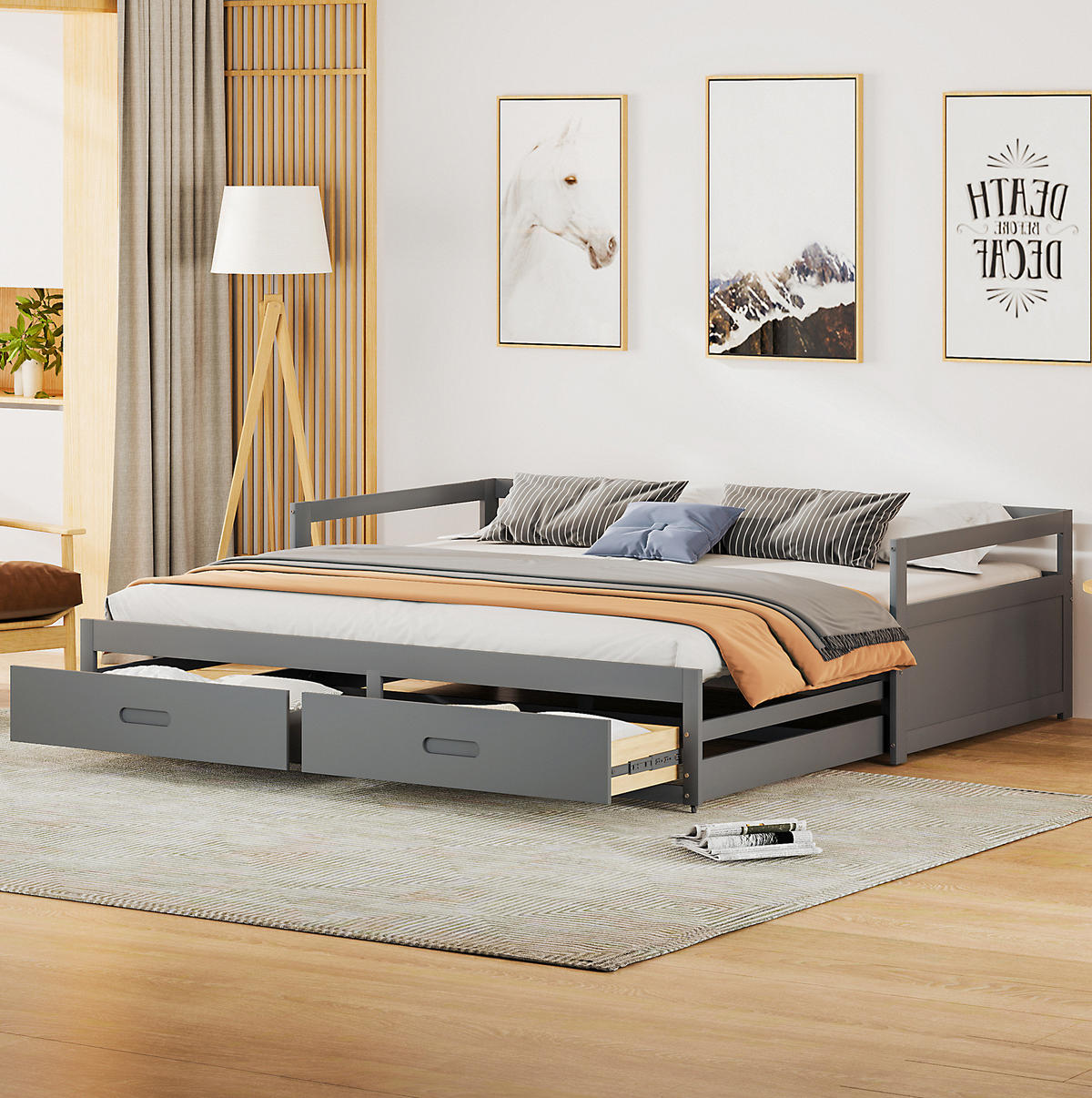 SCHLAFSOFA 90/200 cm aus Kiefern mit Ausziehfunktion und 2 Schubladen, Grau - Grau, Holzwerkstoff (204.5/60/184cm) - Redom