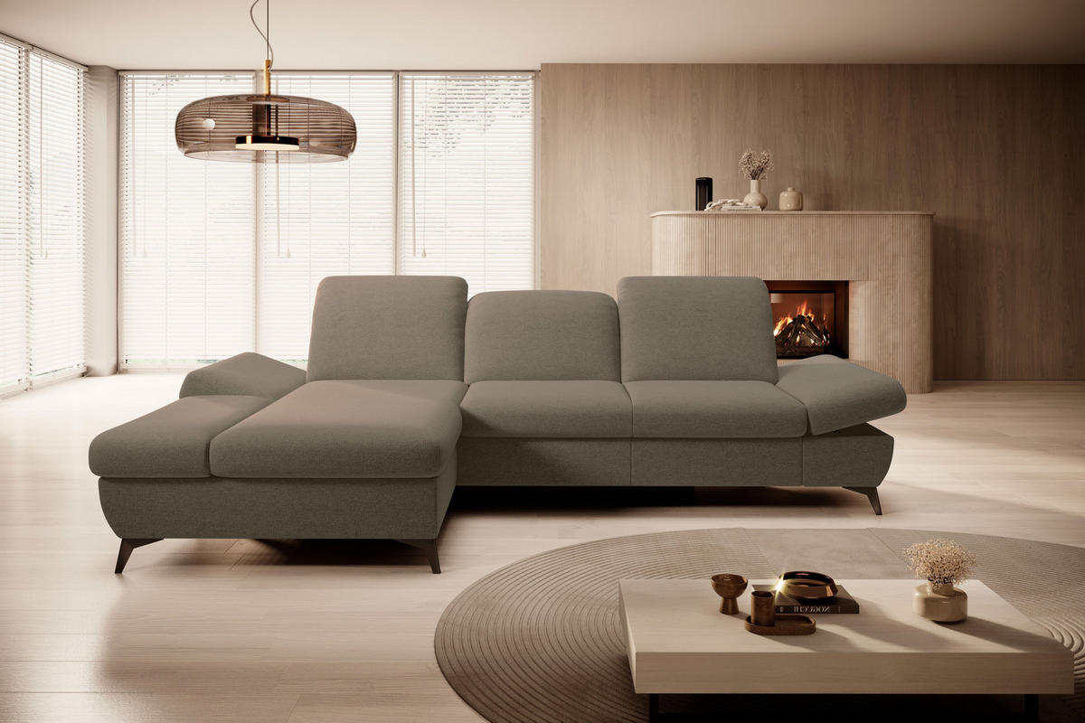 ECKSOFA FELICE L-S Beige Geflochtener Stoff mit Schlaffunktion - Sandfarben, Holz (284/166cm) - MASSENO