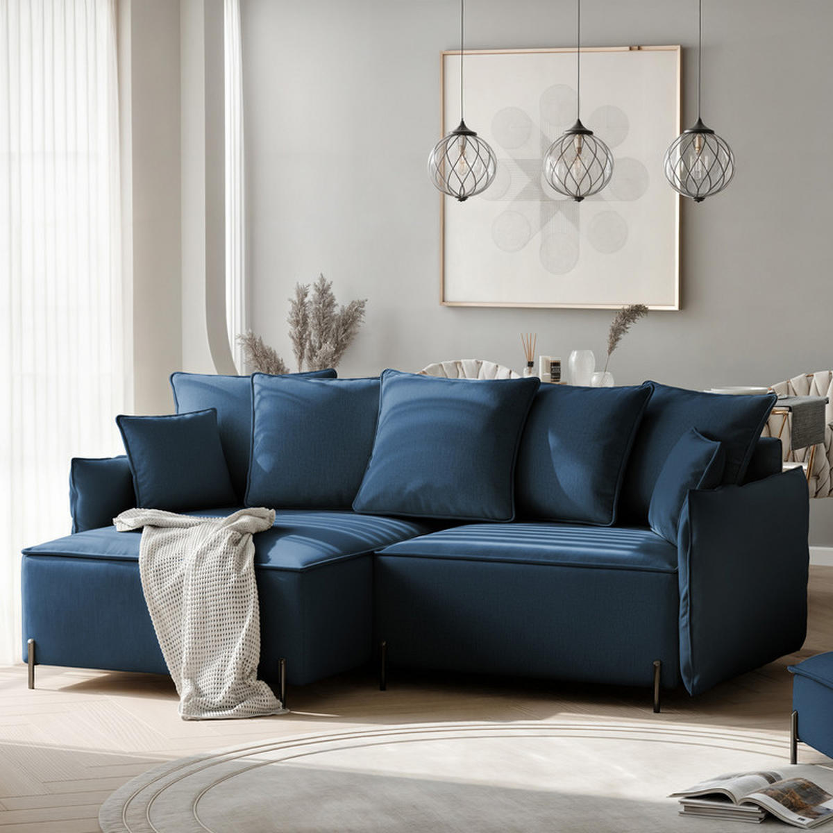 ECKSOFA MARCO Links, mit Schlaffunktion und Bettkasten, Marineblau - Dunkelblau, Textil/Metall (221/148cm) - Idohome