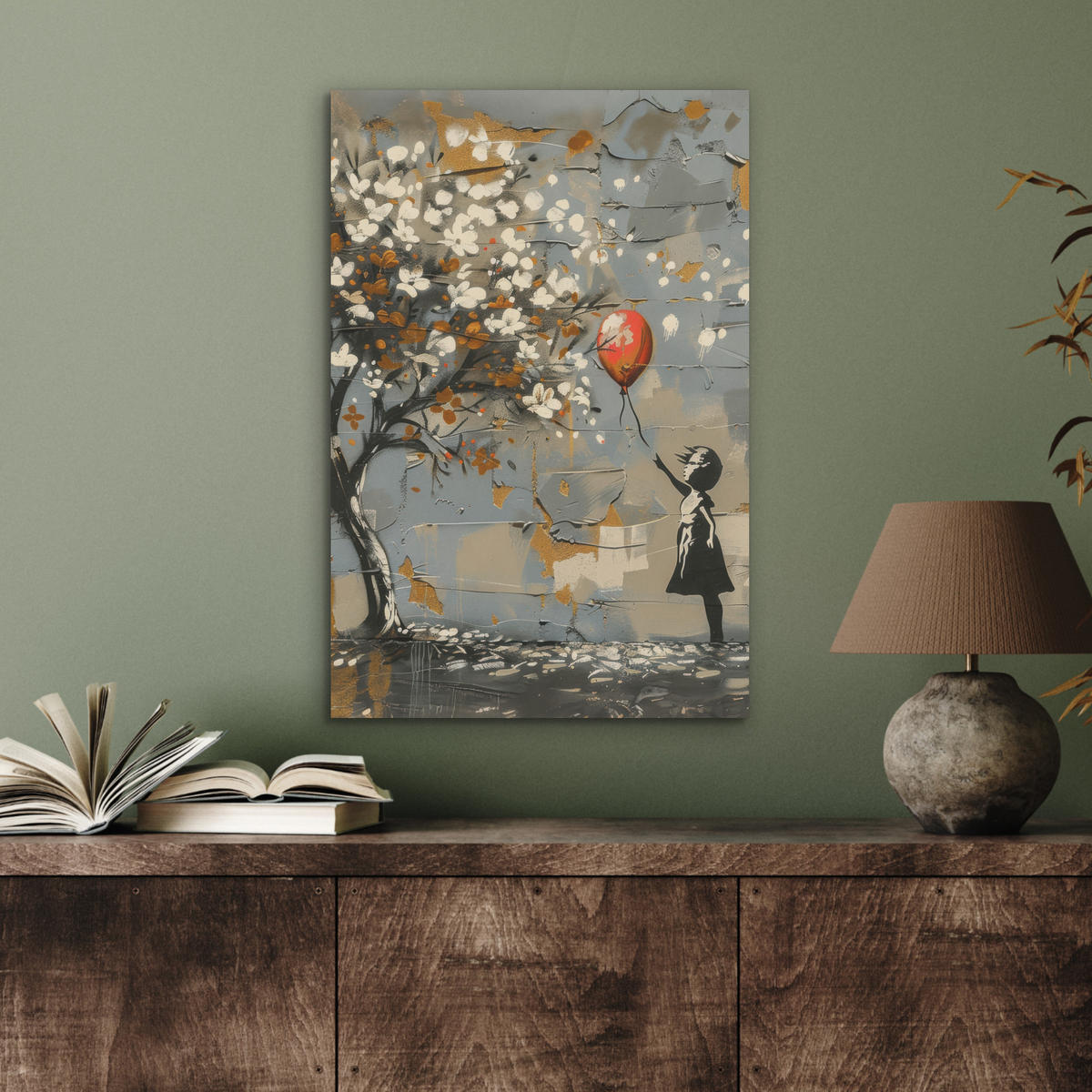 AKUSTIKBILD Baum - Graffiti - Banksy-Stil - Ballon-Mädchen Kunstdruck Schlafzimmer 50x70 cm - Blaugrau, Kunststoff (50/70/0.9cm) - MuchoWow