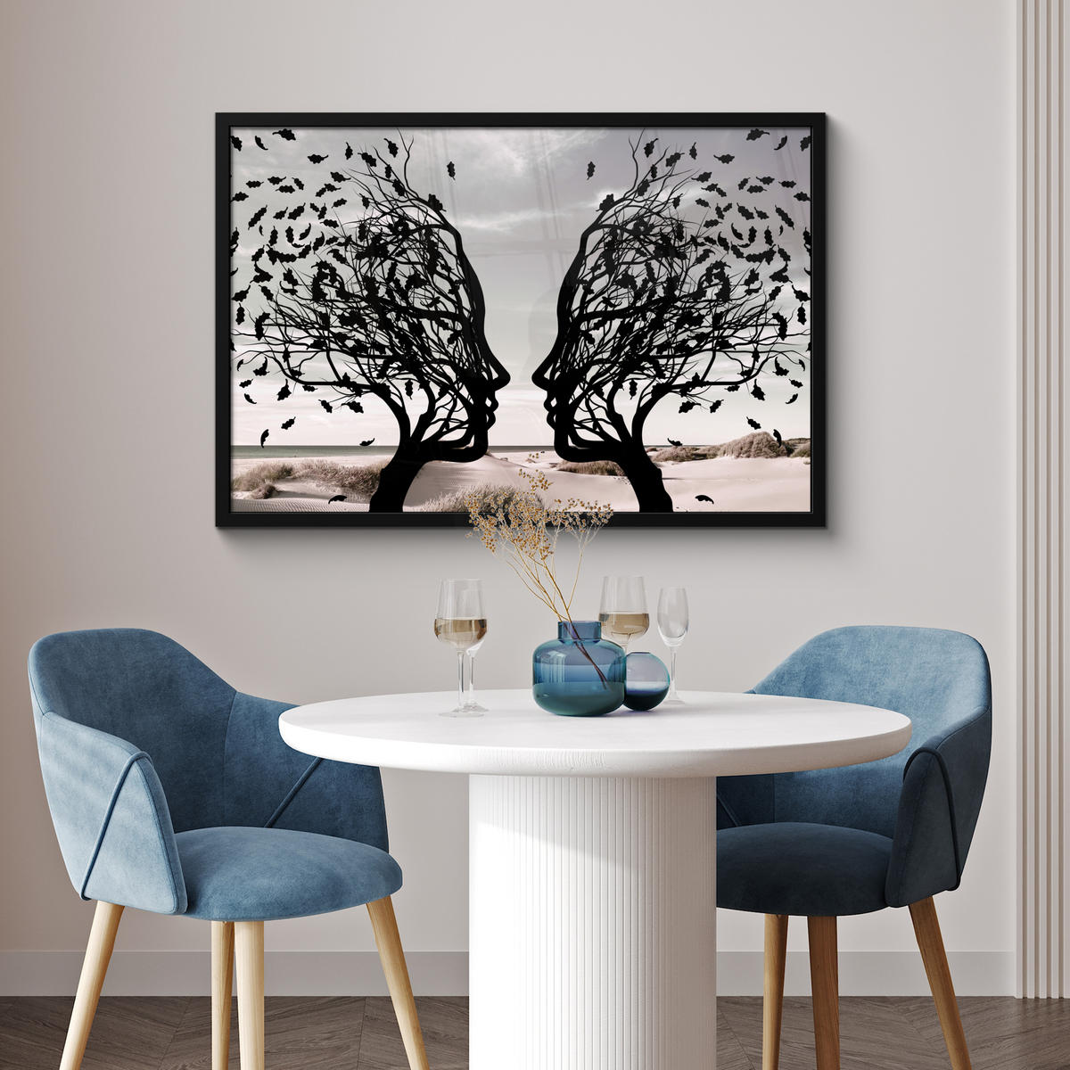 ZARÁMOVANÝ PLAGÁT Pláž - more - ľudia - strom - moderné umenie 90x60 cm - svetlosivá, papier (90/60cm) - MuchoWow