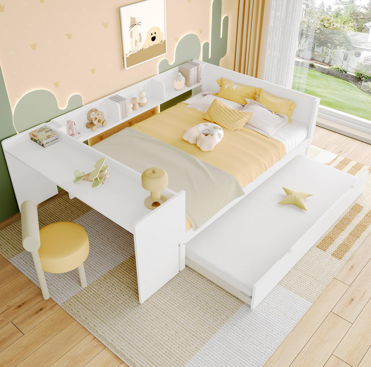 BETT 140/200 cm mit Schreibtisch, Rollbett und Regalen aus Kiefern und Spanplatte, Weiß - Weiß, Holzwerkstoff (140/200cm) - Redom