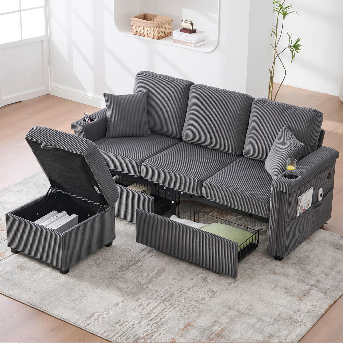 ECKSOFA 194/73/81 cm Dunkelgrau mit LED-Beleuchtung, Stauraum-Fußteil, 2 Schubladen, Getränkehaltern und Seitentaschen - Dunkelgrau, Textil (194/73cm) - Oxeza