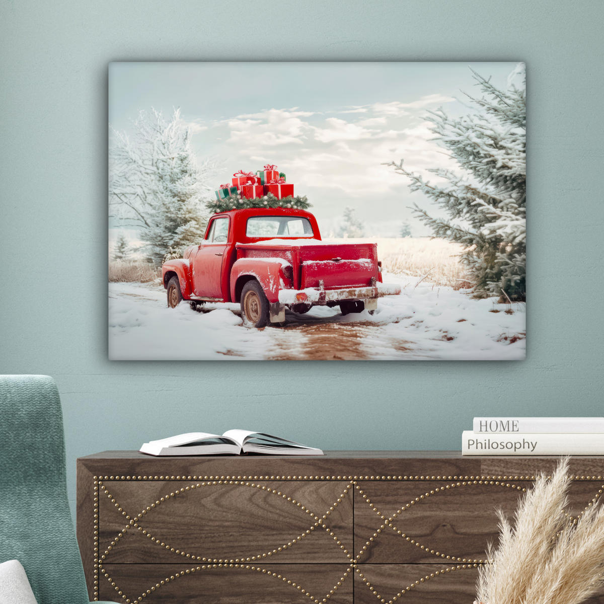 LEINWANDBILD Auto - Rot - Geschenke - Winter - Schnee - Weihnachten Wandbilder 80x60 cm - Rot, Textil (80/60cm) - MuchoWow