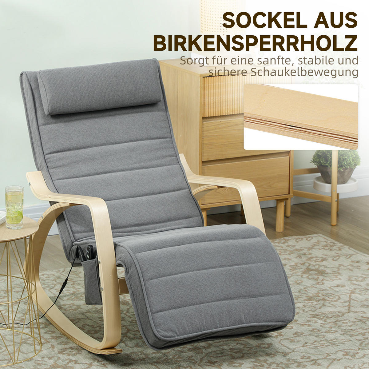 SCHAUKELSTUHL Schaukelsessel mit Massagefunktion, Kopfstütze, Fußstütze, Grau - Naturfarben/Grau, Holz/Textil (67/92/106cm) - HOMCOM
