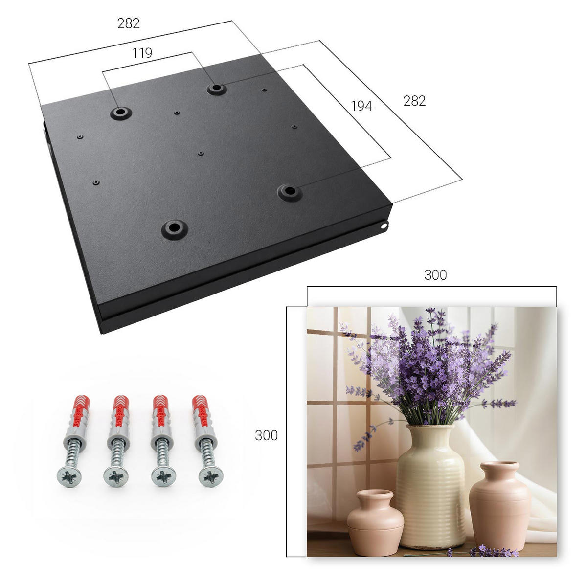 SCHLÜSSELBOX Schwarz 30x30 cm- Türöffnung nach rechts - Blumen in einer Vase - Lila, Metall (30/30/5cm) - TULUP