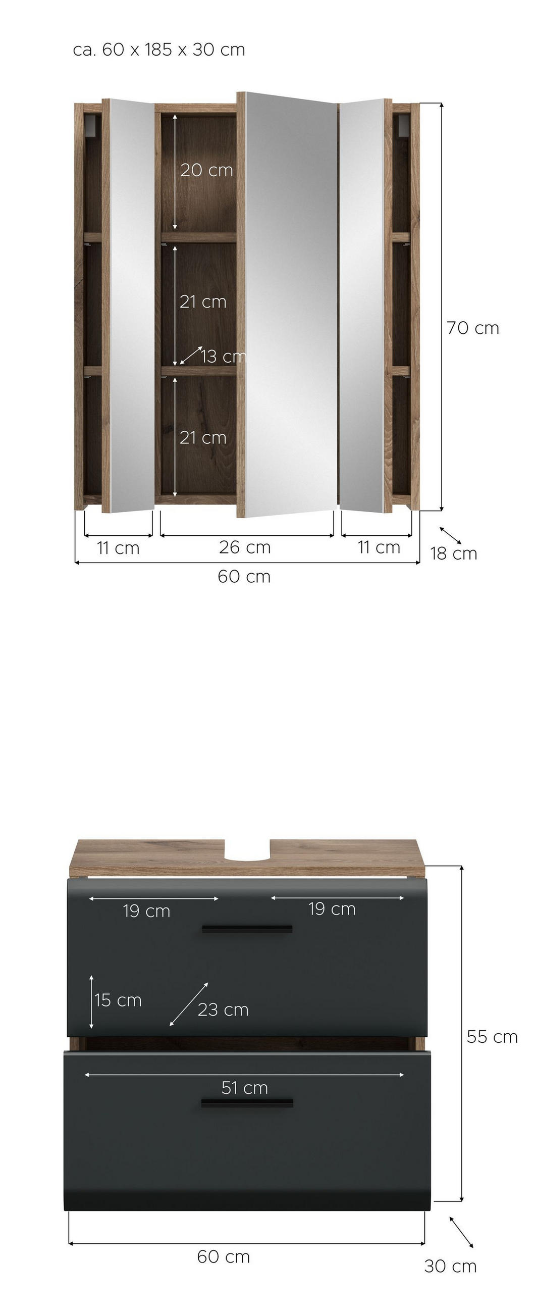 BADEZIMMER Alba 2-tlg. (B/H/T: ca. 60/185/30 cm) in Nox Oak /schwarz matt - Eichefarben, Holz (60/185/30cm)