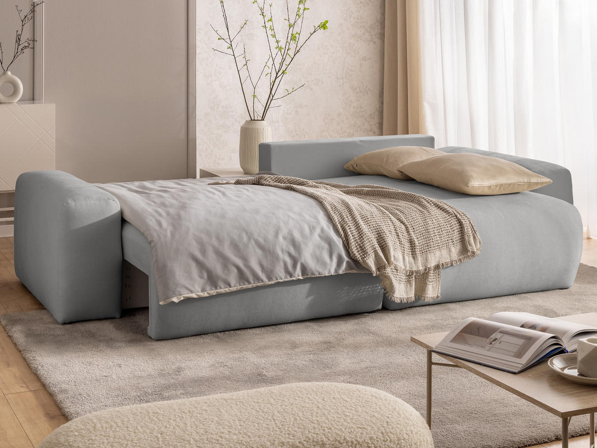 ECKSOFA Puffy mit Schlaffunktion und Bettkasten - besonders weich und puffig aus Grau Webstoff - Ottomane rechts - Schwarz/Grau, Holz/Kunststoff (266/138cm) - S-Style Möbel