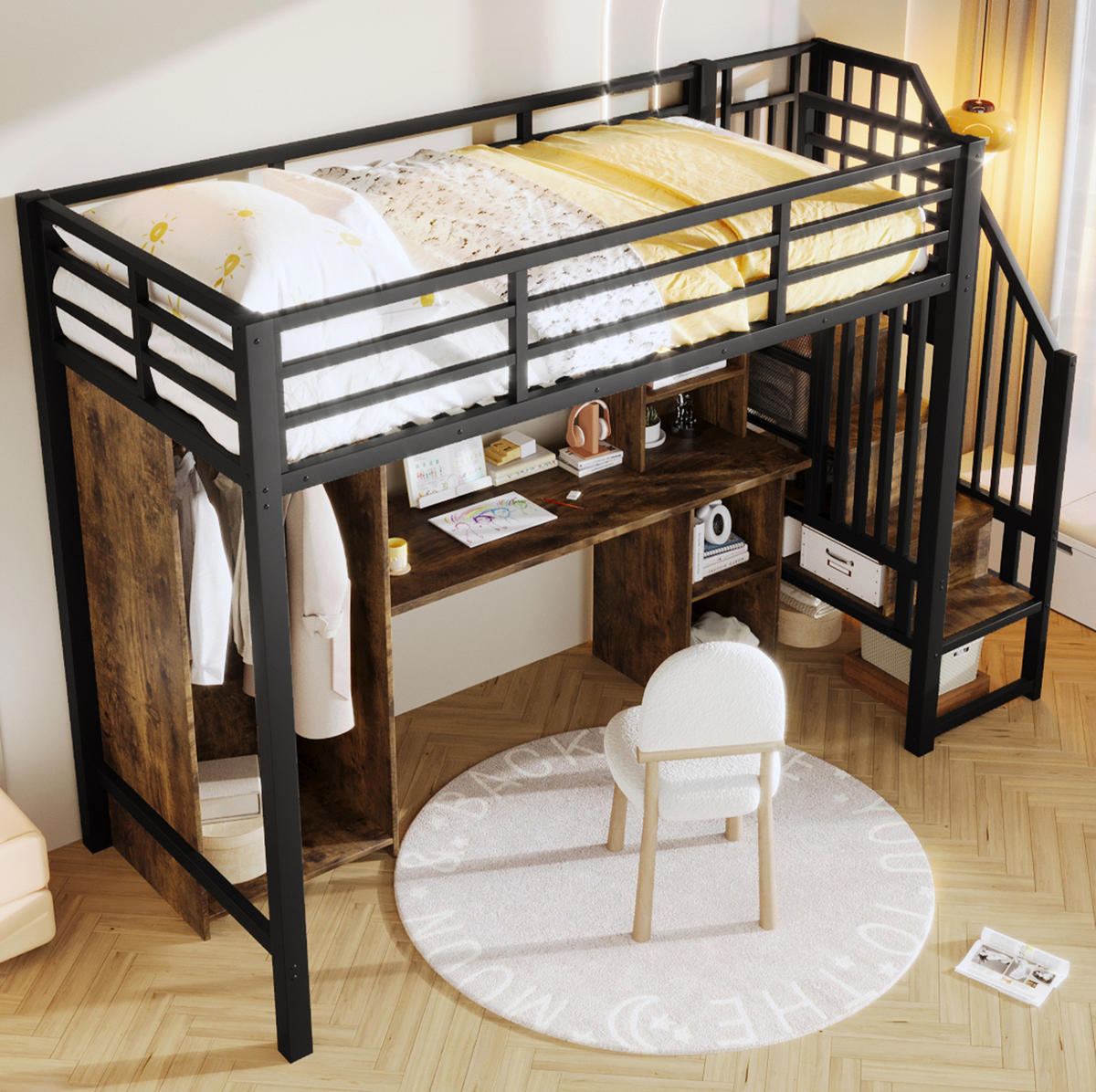 HOCHBETT 90/200 cm, Schwarz mit Kleiderschrank, Schreibtisch und Stauraum - Schwarz, Metall (90/200cm) - MIVRAY