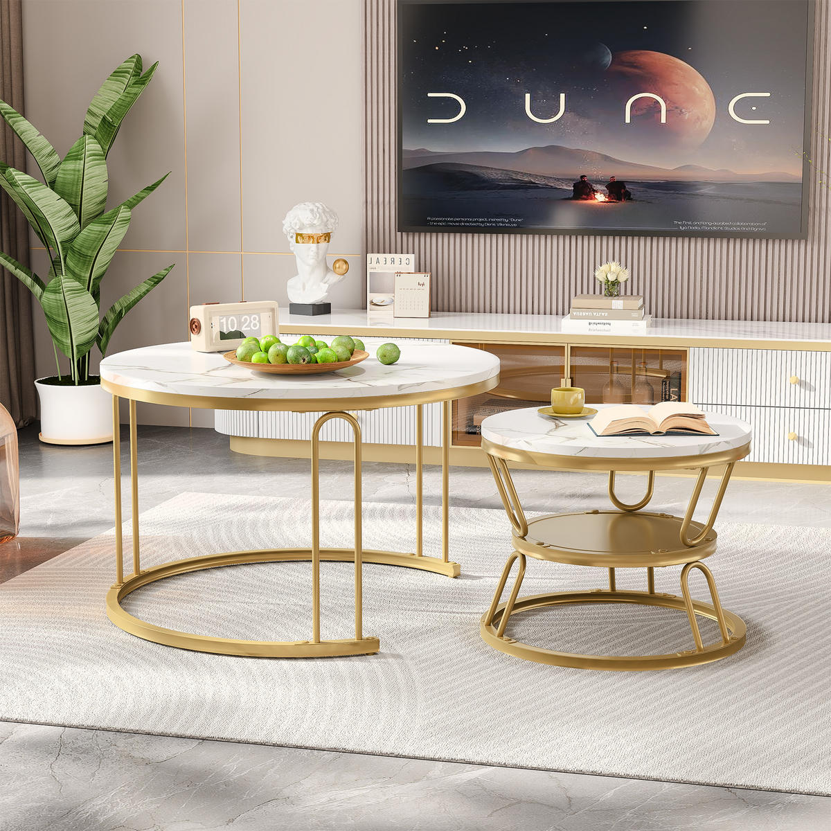 COUCHTISCH 2er Set rund schiebbar Marmoroptik Metall gold weiß - Weiß, Holz (45/70/44.2cm) - LEBENLANG