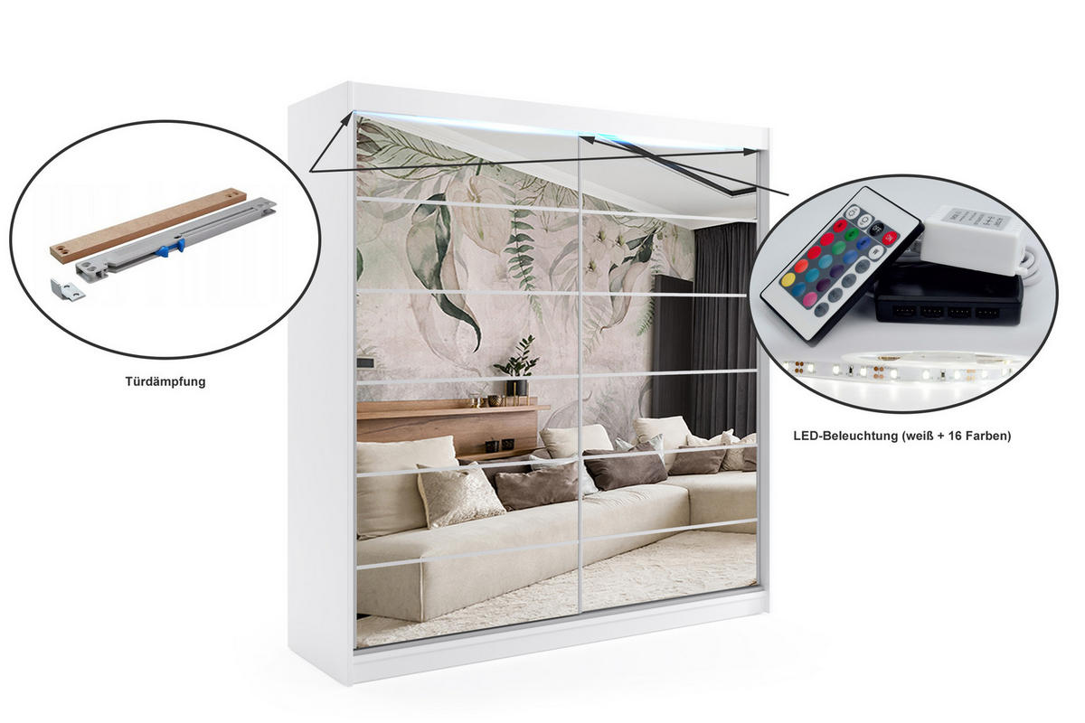 KLEIDERSCHRANK mit Spiegel-Schiebetüren und Aluminium-Leisten, LED-Beleuchtung - FLORA - 200 cm Weiß - Weiß, Holzwerkstoff (200/216/61cm) - ALTDECOR